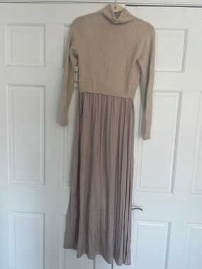 Anthropologie Two-Tone Turtleneck Maxi Dress in Beige and Mauve